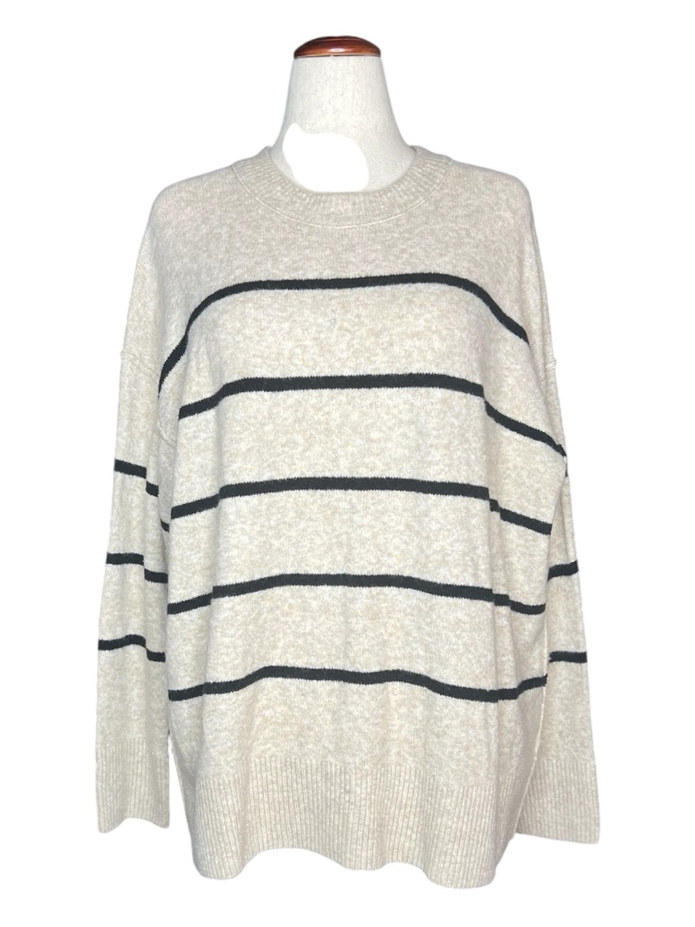 AERIE unREAL Beige & Black Striped Cozy Crewneck Sweater Oversized M